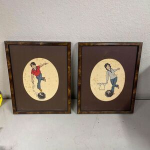 VTG Pair Two (2) Framed Cross Stitched Man & Woman Bowling Alley Oval Art - HN